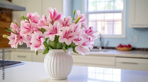 A white vase full of pink flowers is sitting on counter.