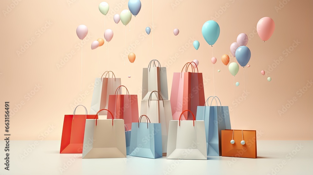 Minimal shopping advertising concept with paper shopping bags floating on beige and pastel background. Shopping online payment concept. 3d render