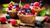 Vegan Gluten-free Oatmeal Banana Muffins with Mixed Berries. Healthy Dessert, Pastry. Selective Focus, toning.