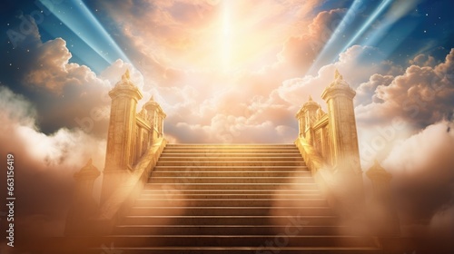 Stairs to Doors Paradise - concept on religions Faith, forgiveness to God, Heavenly gate sunbeam gold motivation imagination, heaven above stairs in fog and under light 2021,happy new year 2022