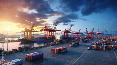 Transportation logistics and container dock cargo yard with cargo shipment working crane bridge in shipyard with transport logistic import export with twilight sky background.