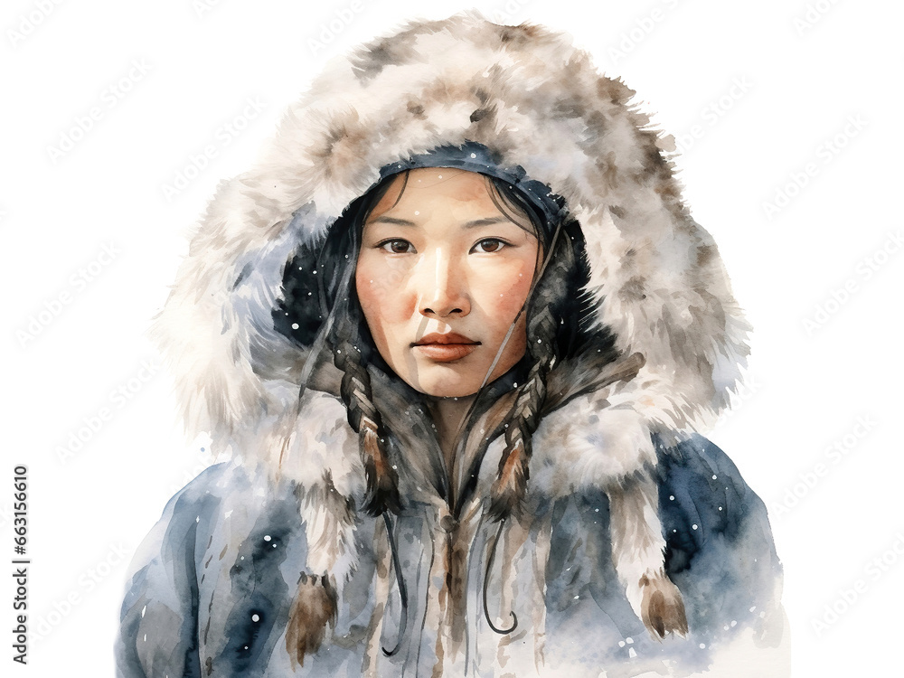 © emilio100 - Alaska Native Inuit Eskimo woman in fur clothes, watercolor illustration generative AI