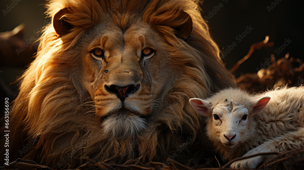 Naklejka premium Lamb and Lion together laying on a ground