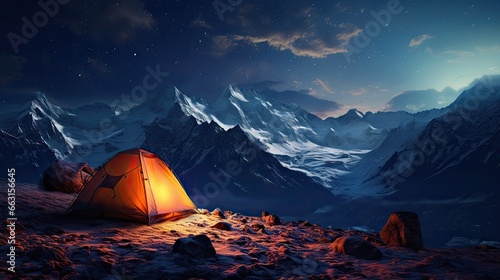 Camping in the wilderness. A pitched tent under the glowing night sky stars of the milky way with snowy mountains in the background. Nature landscape