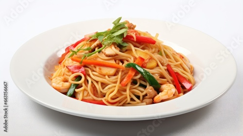 Stir-fried Spicy Spaghetti Seafood Thai Style (Spaghetti Pad Kee Mao) on White Dish, Isolated on White Background with Shadow, Front Side view. Selective Focus at the front.