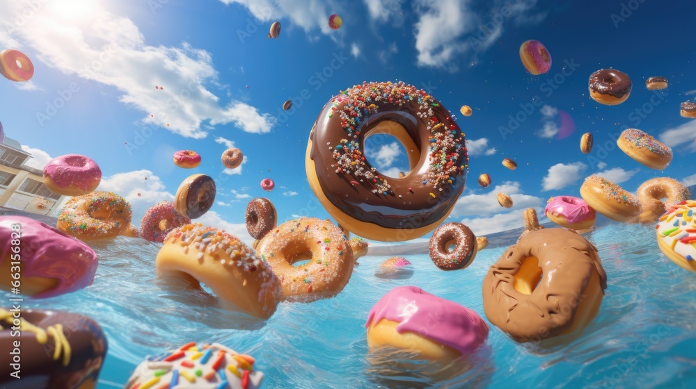 Action photo in the outdoor swimming pool with splashes and waves of inflatable doughnuts buoys rings falling down over sky - obrazy, fototapety, plakaty 