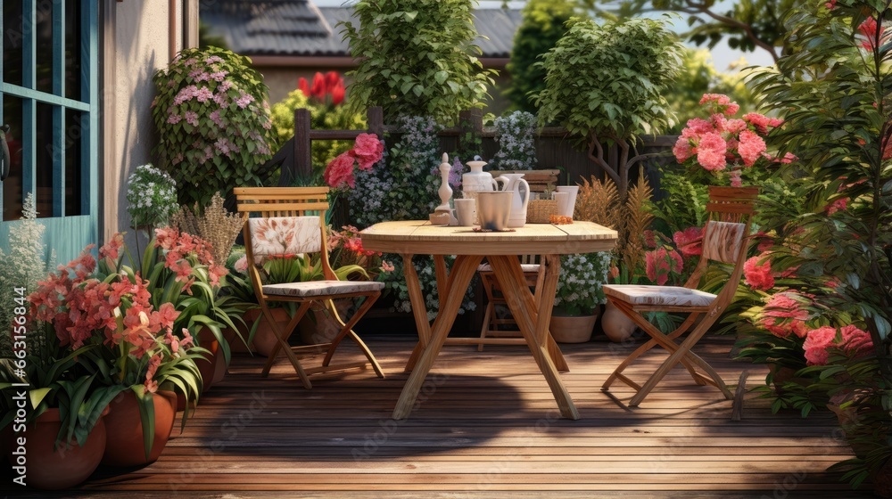 Neat and tidy terrace with wooden garden furniture and plants on table