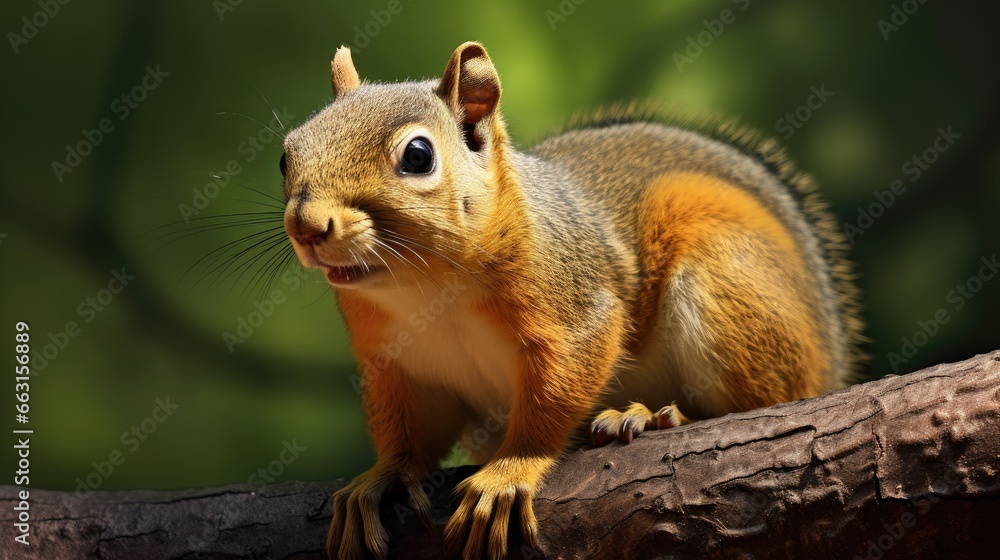 Portrait of fox squirrel (Sciurus niger) sitting on branch isolated on green. Holds foreleg with nut on chest. Urban wildlife. The largest species of tree squirrel in N. America. Denver, Colorado. Portrait of fox squirrel (Sciurus niger) sitting on branch isolated on green. Holds foreleg with nut on chest. Urban wildlife. The largest species of tree squirrel in N. America. Denver, Colorado.