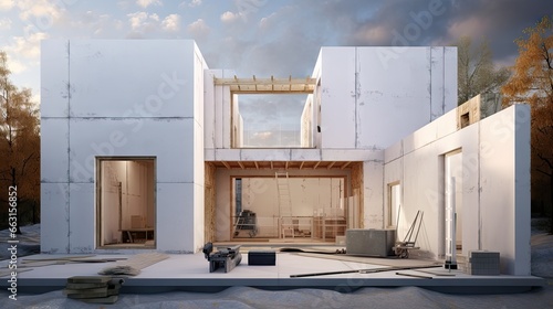 modern House under construction with polystyrene insulation almost ready .