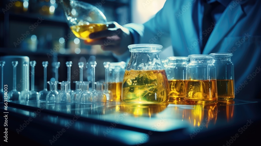 The scientist test the natural product extract, oil and biofuel solution, in the chemistry laboratory. The scientist test the natural product extract, oil and biofuel solution, in the chemistry laboratory.