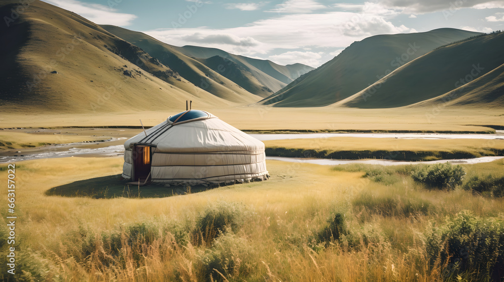 Yurt National old house of asian peoples. Kazakhstan yurta on summer background of green meadows and highlands Yurt National old house of asian peoples. Kazakhstan yurta on summer background of green meadows and highlands