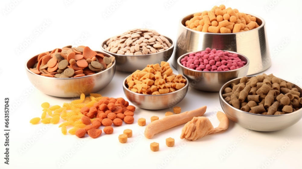 Dry food in bowls, toy, comb and leashes for pets on isolated white Dry food in bowls, toy, comb and leashes for pets on isolated white