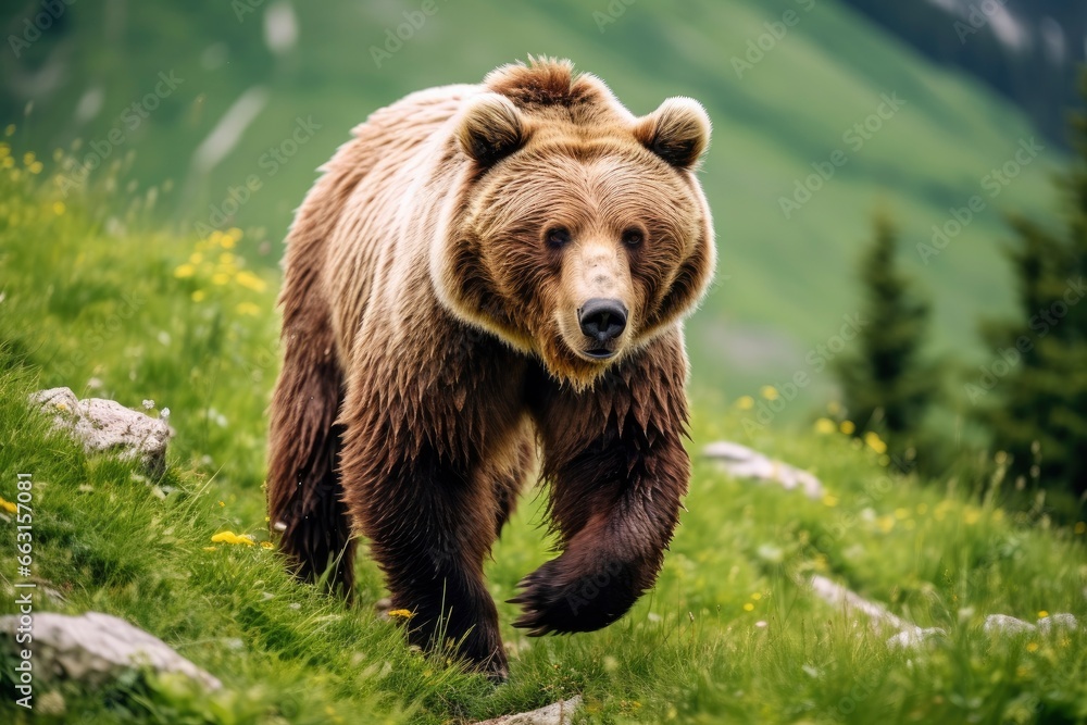 Brown bear moving on the green meadow in springtime nature.