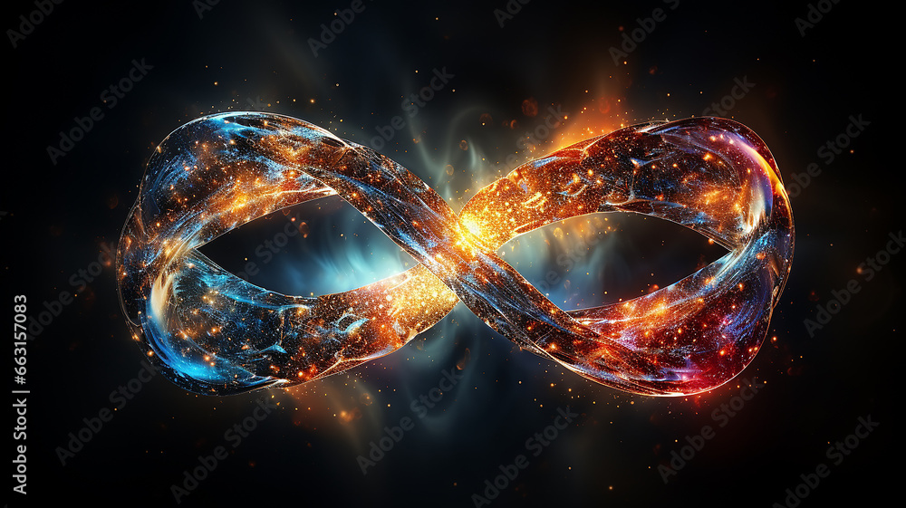 glowing multicolored infinity symbol galaxy black cosmos, singularity sign isolated on background - obrazy, fototapety, plakaty 