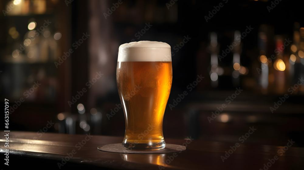 Glass of light beer on dark pub background banner Glass of light beer on dark pub background banner