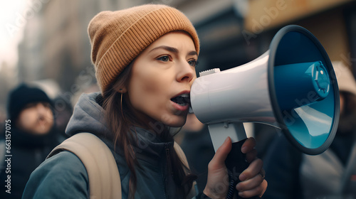 Young caucasian woman hold megaphone and protesting in city. Concept revolution or demonstration, female activist protesting, strike with group banner
