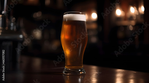 Glass of light beer on dark pub background banner