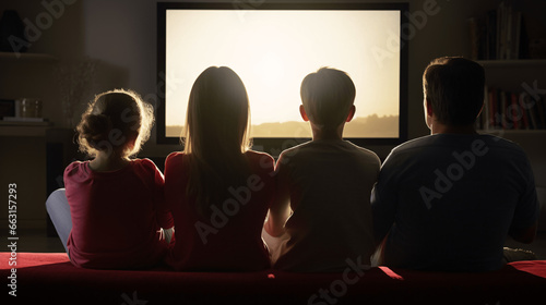 Family watching movie on television at night, back view. Back view