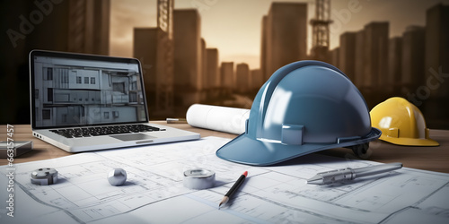 Concept building industry background banner. Construction blueprints with tools and computer tablet with hard hat