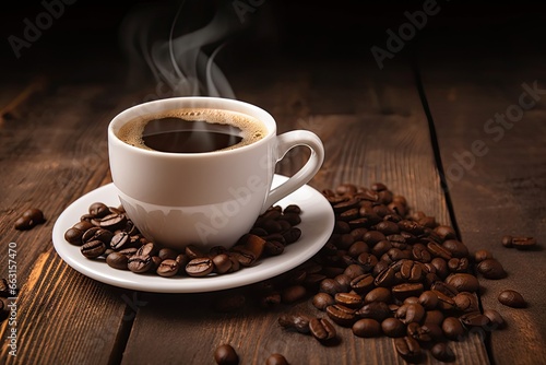 Rich espresso aroma close up coffee cup. Dark roast delight. Cup on vintage wooden table. Morning elixir. Freshly brewed