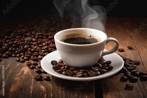 Rich espresso aroma close up coffee cup. Dark roast delight. Cup on vintage wooden table. Morning elixir. Freshly brewed