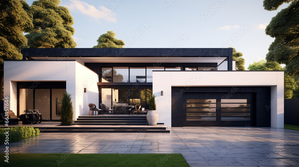 Perspective of black and white modern luxury house