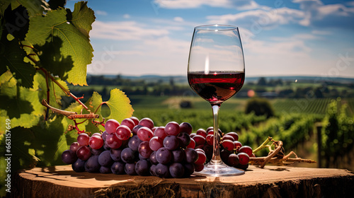Verre de vin rouge et grappe de raisin au milieu d un vignoble en France.