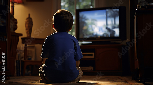 Little boy sitting on the floor and watching tv at home in the evening
