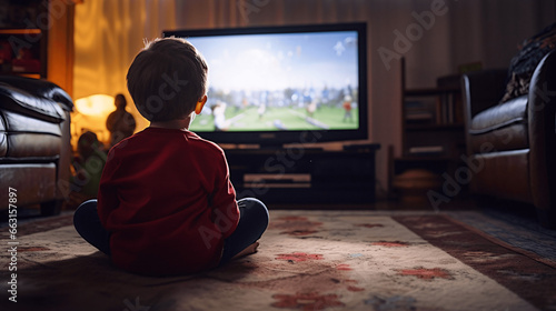 Little boy sitting on the floor in front of a television watching a football match photo