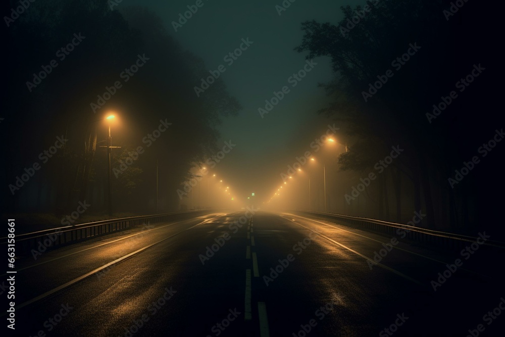 A misty and dimly illuminated roadway during the night. Generative AI