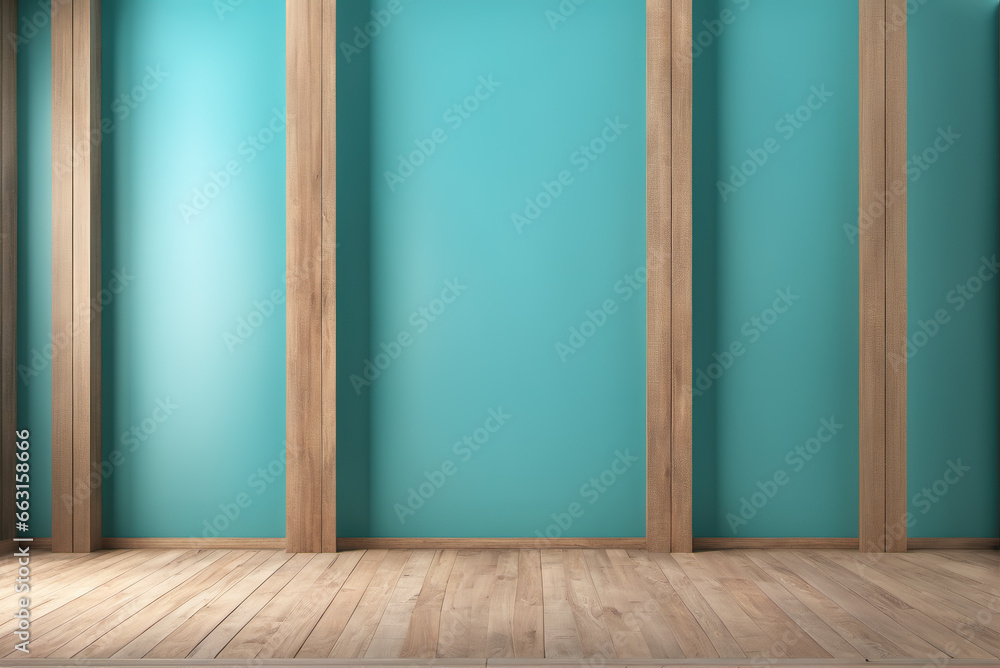 Interior background of turquoise walls and wooden boards Interior background of turquoise walls and wooden boards