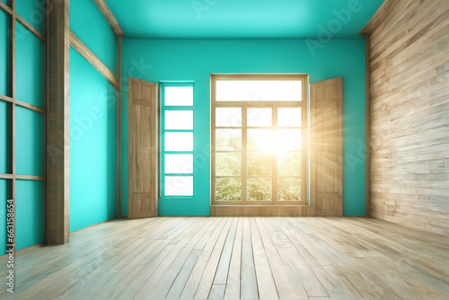 Interior background of turquoise walls and wooden boards