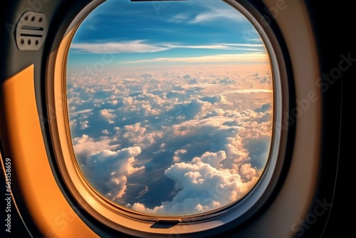 A scenic view of clouds through an airplane window. Generative AI