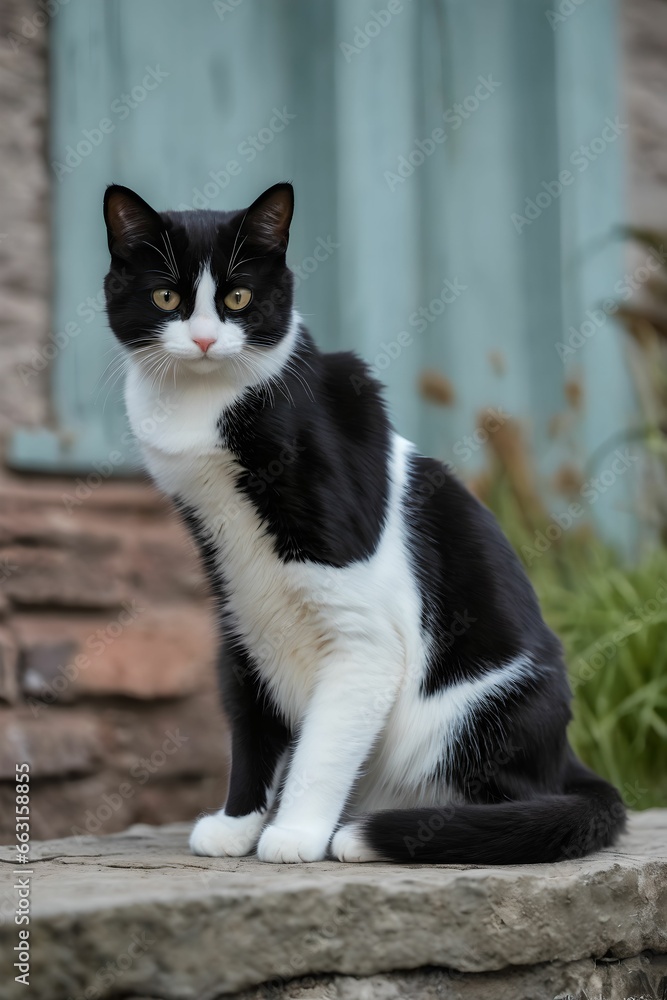 A picture of a cute tuxedo kitten.the sitting figure of a cat. Generative AI