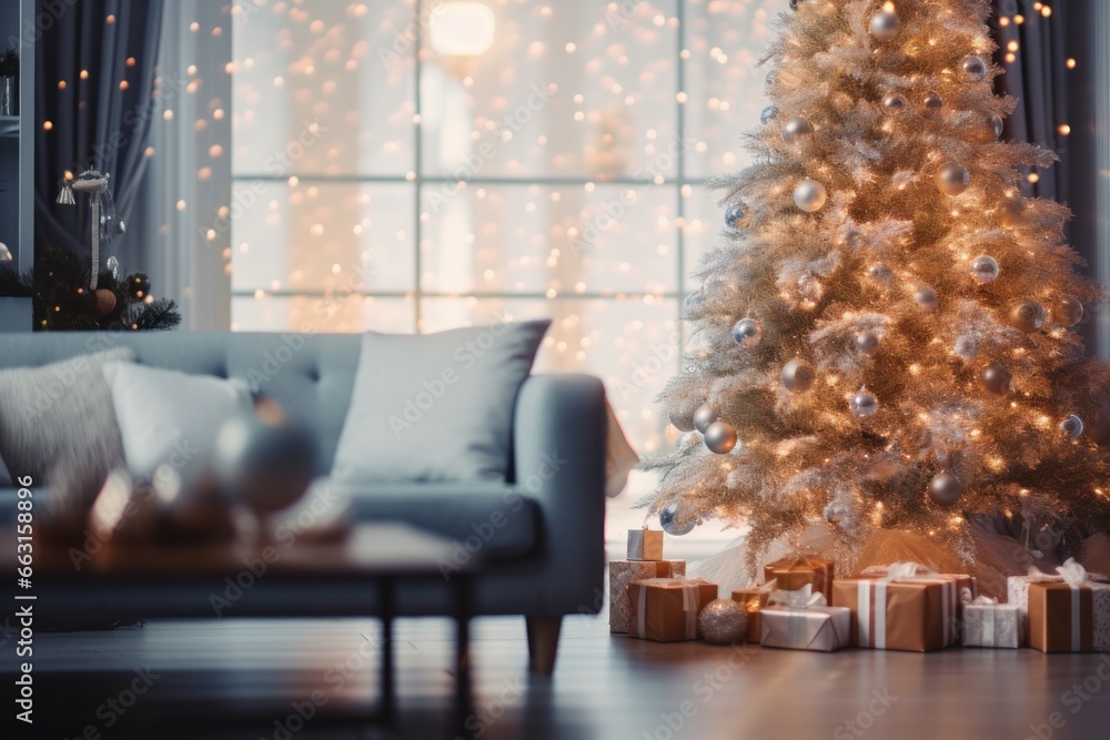 Blurred view of Christmas decorated room with lights. New year apartment decor. Generate Ai