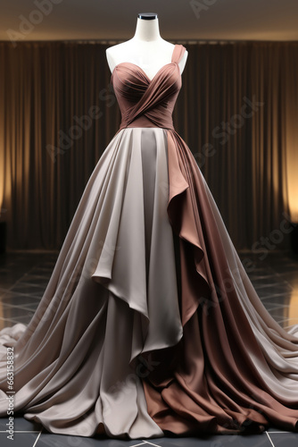 Leinwand Poster A shiny deep beige mauve grey silk ball gown with full ball gown skirt and fitted silk bodice with elegant shoulder