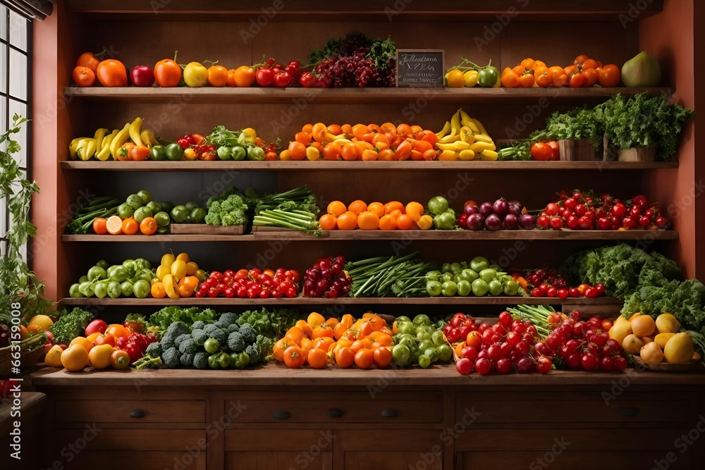 Kitchen shelves used to display fresh fruits and vegetables,