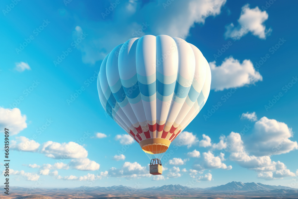A white hot air balloon floats weightlessly across a bright blue sky. A white hot air balloon floats weightlessly across a bright blue sky.