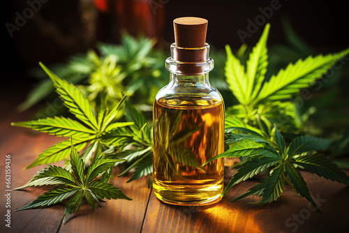 bottle of marijuana oil and medical cannabis leaves