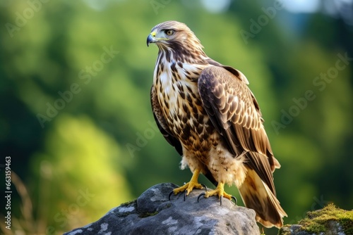 Hawk sitting on rock looking for prey.