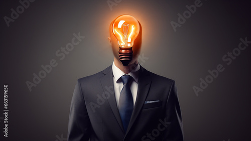 businessman with a burning light bulb instead of a head, idea, concept, an innovation, new thought