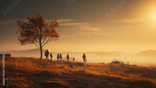 small silhouettes of  group  people on the background copy space autumn landscape golden fog morning tree in nature yellow warm © kichigin19