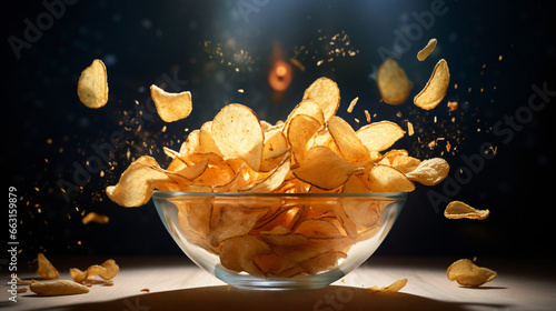 Potato chips flying in bowl photo