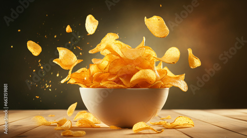 Potato chips flying in bowl