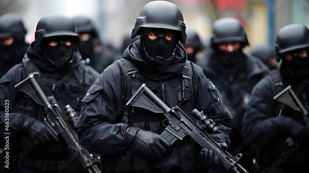 Police officers in riot gear and masks on the street Police officers in riot gear and masks on the street