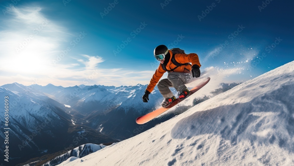 Flying snowboarder on mountains. Extreme winter sport. - obrazy, fototapety, plakaty 