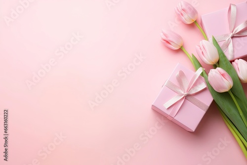 Pink gift box with ribbon bow and bouquet of tulips on isolated pastel pink background. © ABULKALAM