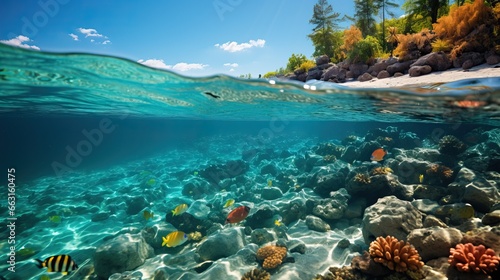 Underwater view of coral reef and tropical fish. Seascape