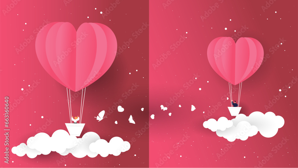 Valentines day greetings card with balloons flying with clouds vector.Heart hot air balloon flying.Love background.Cute paper cut design.posters,brochure,gift box.Paper cut style.Space for your text.