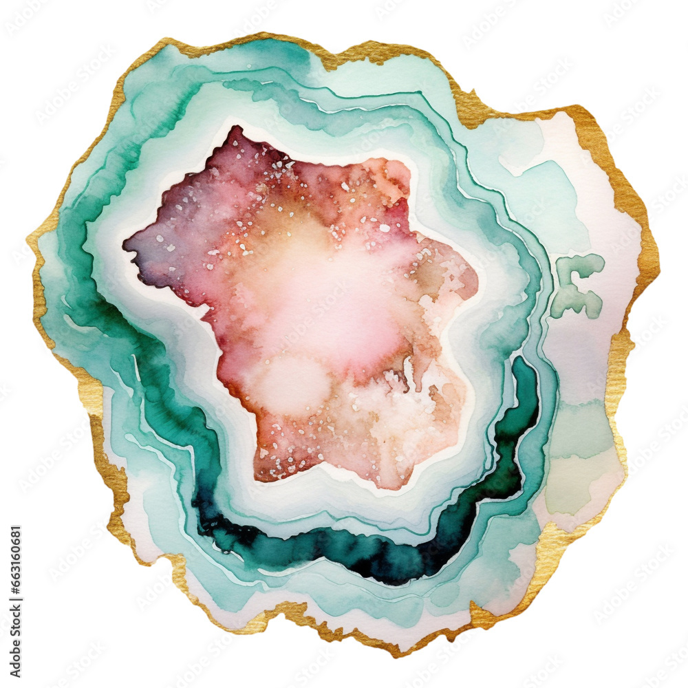 Pink, Green and Gold Crystal Agate Slice, Watercolor Geode illustration Isolated on Transparent Background PNG, Crystal mineral design Pink, Green and Gold Crystal Agate Slice, Watercolor Geode illustration Isolated on Transparent Background PNG, Crystal mineral design